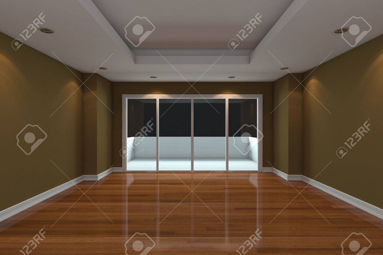 Lege kamer ingericht bruine muur en houten vloer met glazen deuren ...