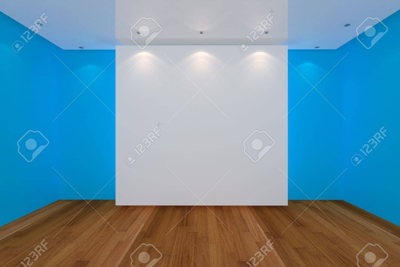 Foto de archivo , Interior de una casa de representación con la pared de color azul y vacía sala de piso de madera para la EA.