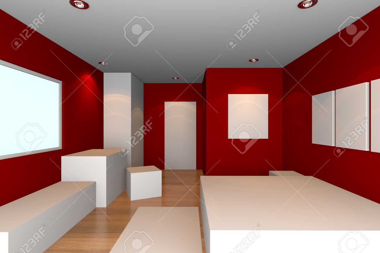 Mock up voor minimalistische slaapkamer met rode muur en ...