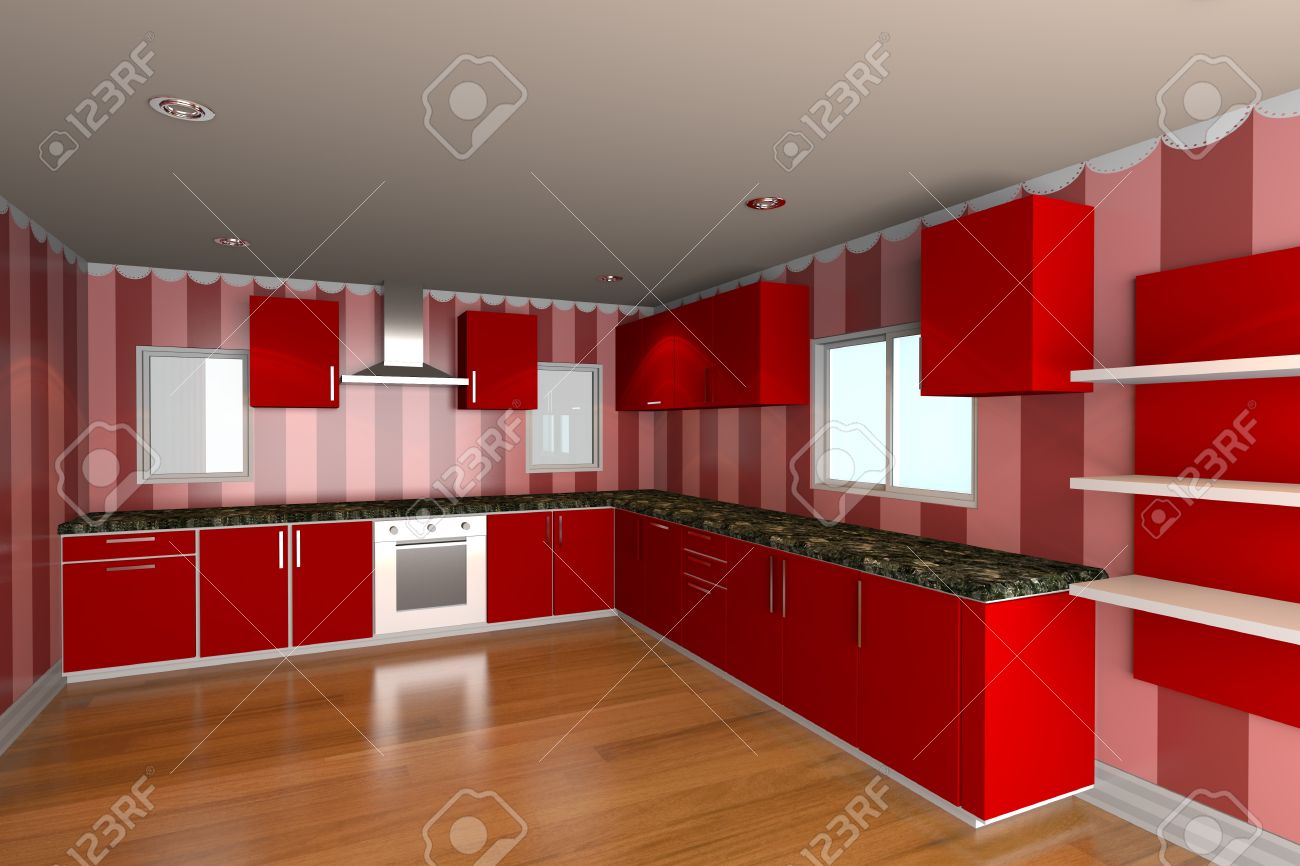 Mock up voor minimalistische keuken kamer met rode behang en ...