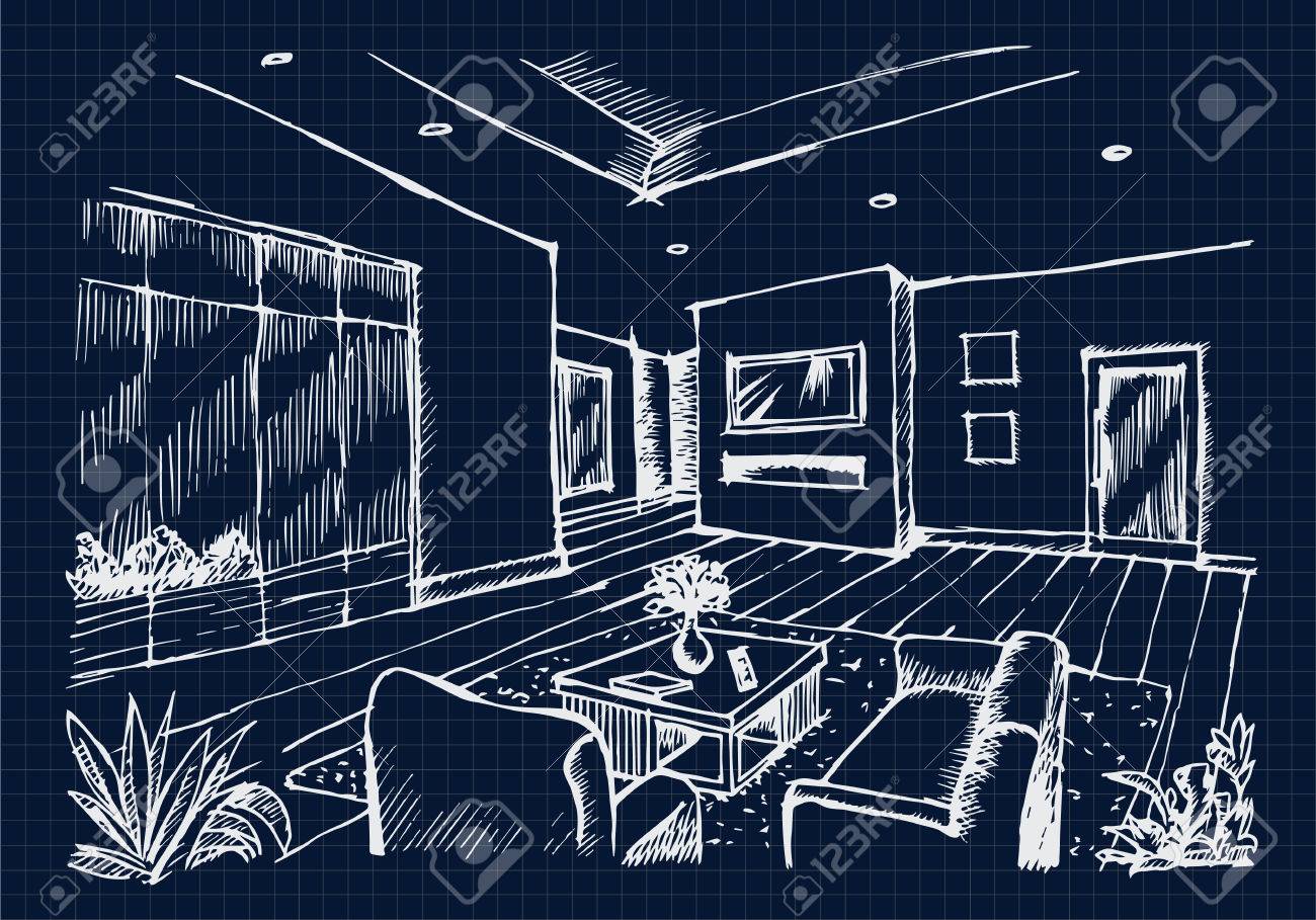 Handzeichnung interior design für das wohnzimmer auf blauem ...