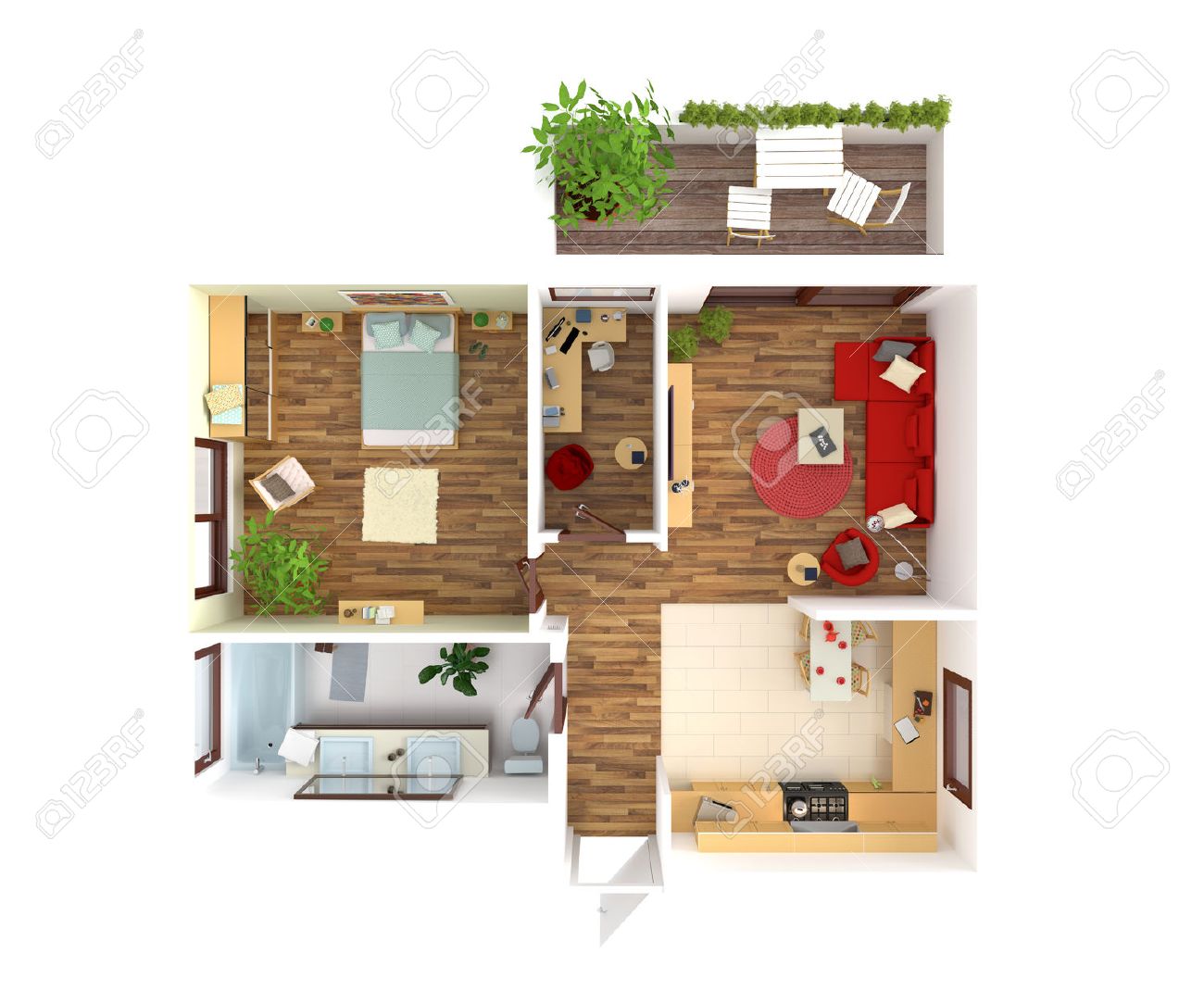 Vue en plan d'un appartement: cuisine, salle, salon, chambre ...