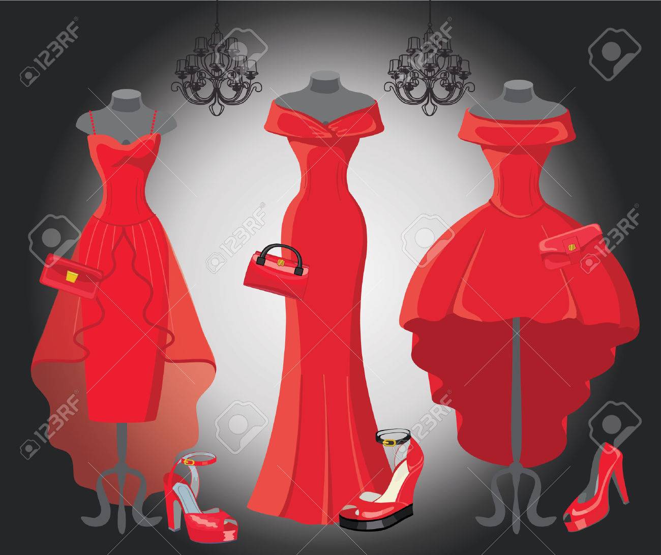 Mode illustratie met boom rode cocktail jurken royalty vrije ... Mode illustraties