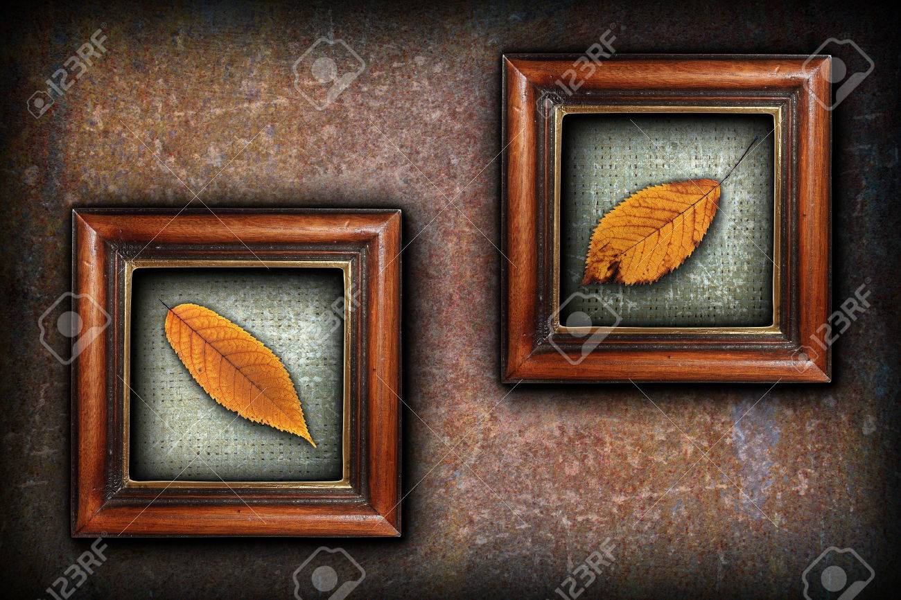Stock Photo - display of autumn symbols, beautiful golden cherry faded leaves in old painting wood frames