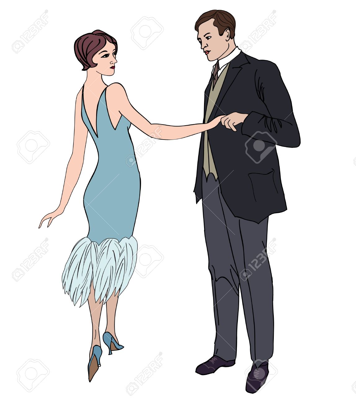Paar op party. man en vrouw in cocktail jurk in vintage stijl ... Mode illustraties
