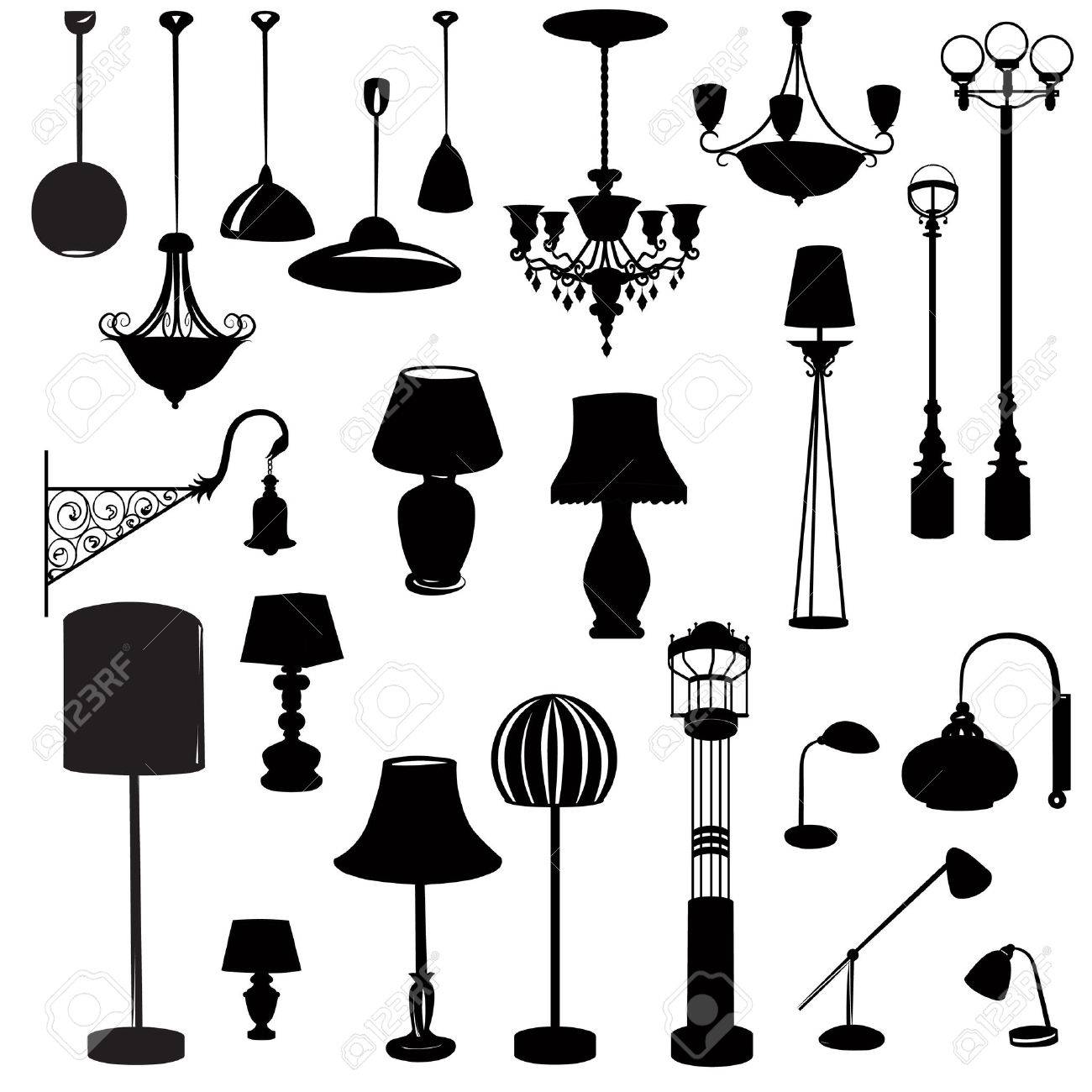 Interieur meubilair pictogrammen. plafondlamp icon set. silhouette ...