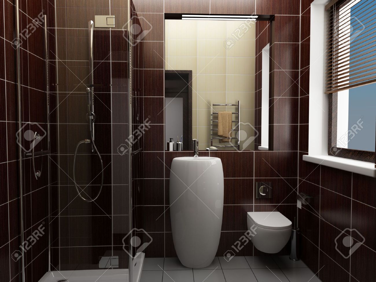 Salle de bain moderne avec carrelage marron banque d'images et ...