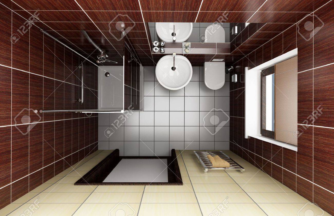 Salle de bain moderne avec carrelage marron. vue d'en haut banque ...