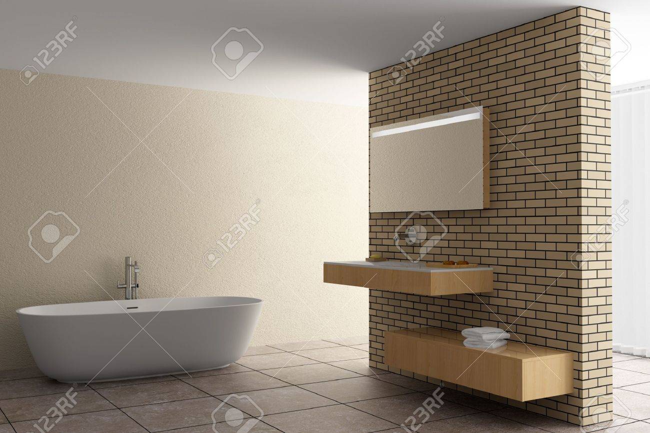 archivio fotografico bagno moderno con un muro di mattoni