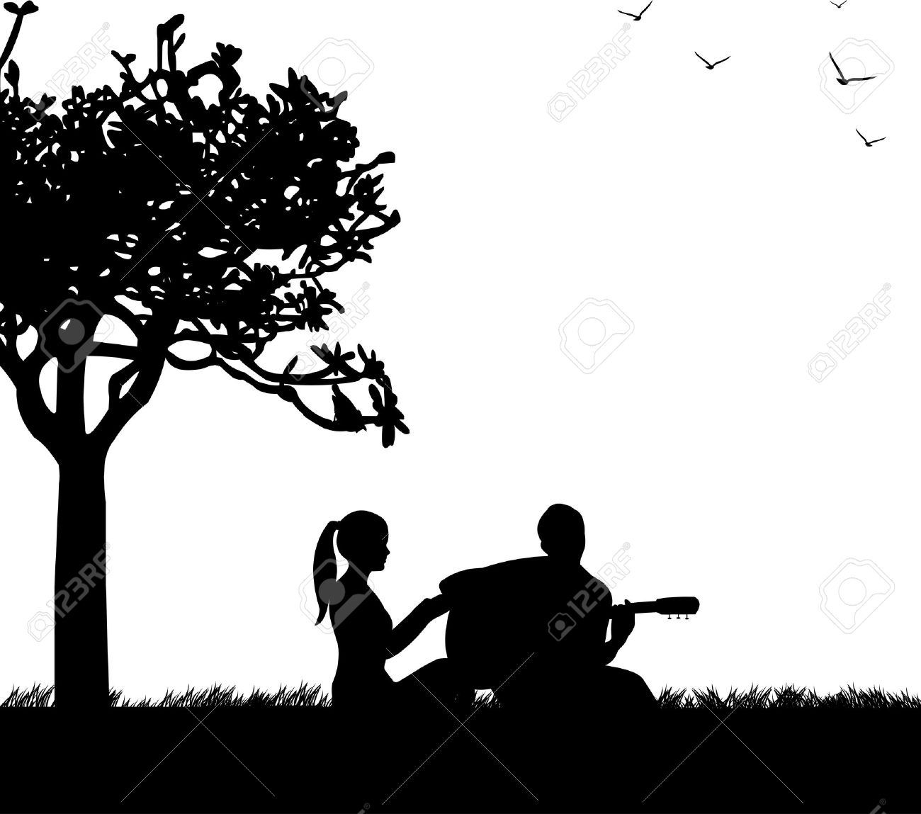 Silhouette Painting Love Couple Tree Silhouette