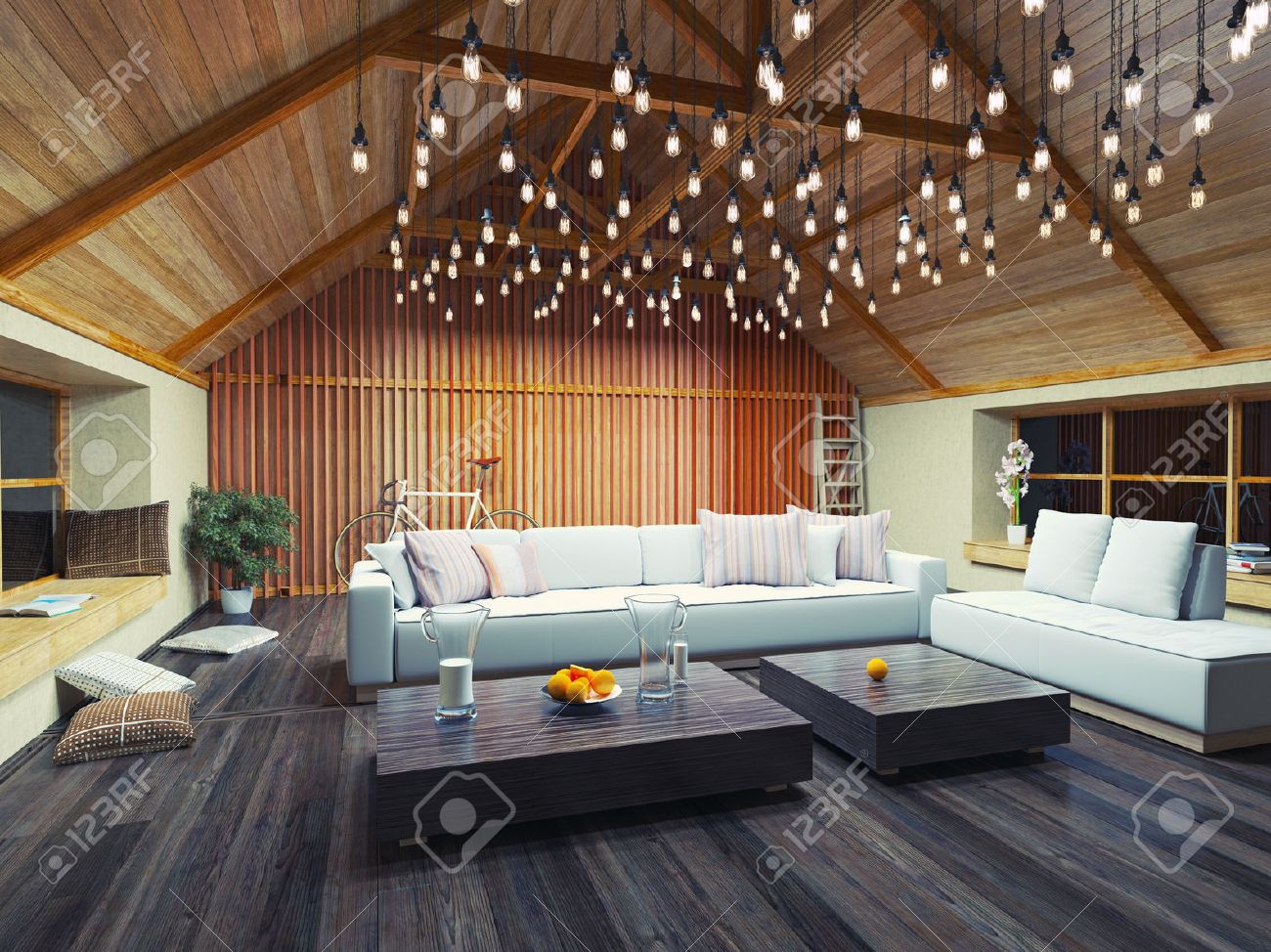 Beautiful modern interior loft in the evening. 3d concept design ...