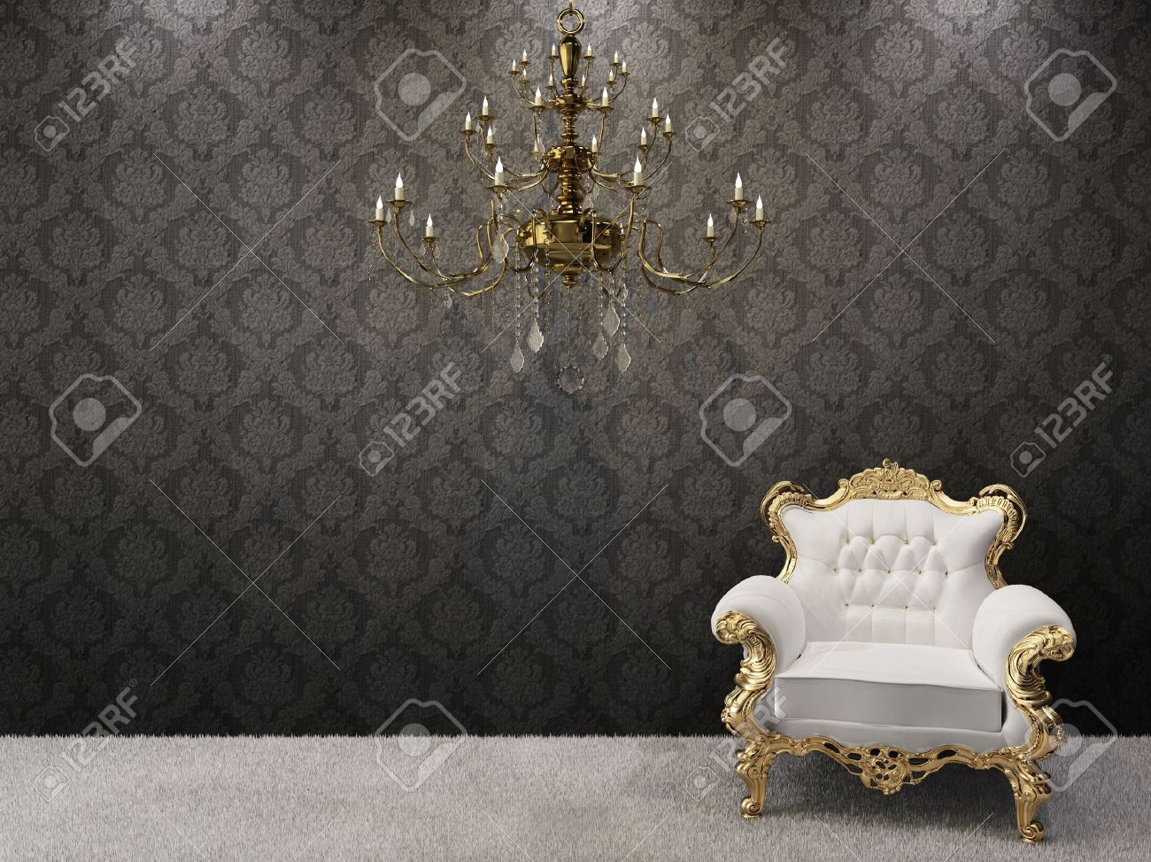 Royal interno. lampadario dorato con lussuosa poltrona su sfondo ...