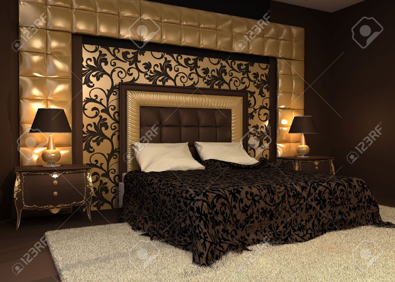 Intérieur romantique. lit double à l'intérieur de luxe en or ...