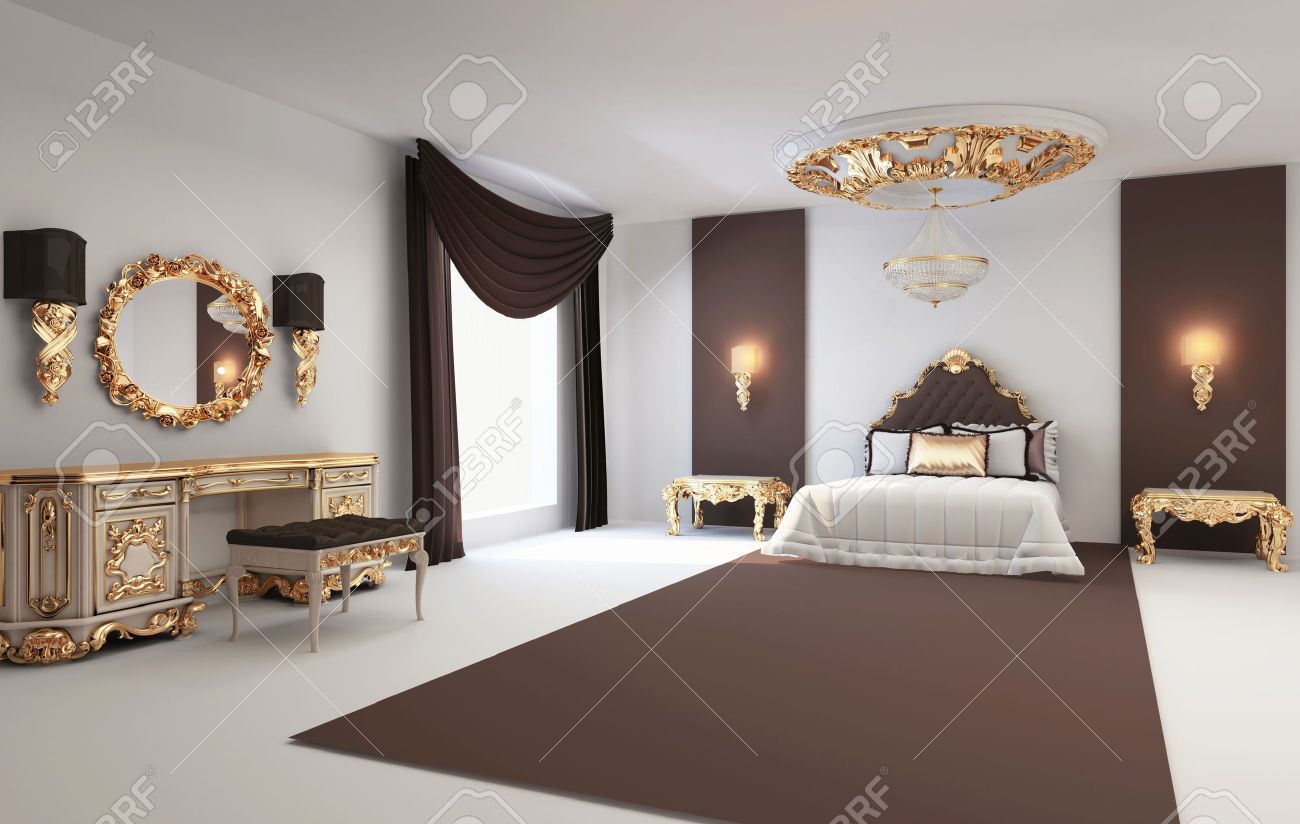 Barok slaapkamer met gouden meubels in koninklijke interieur ...