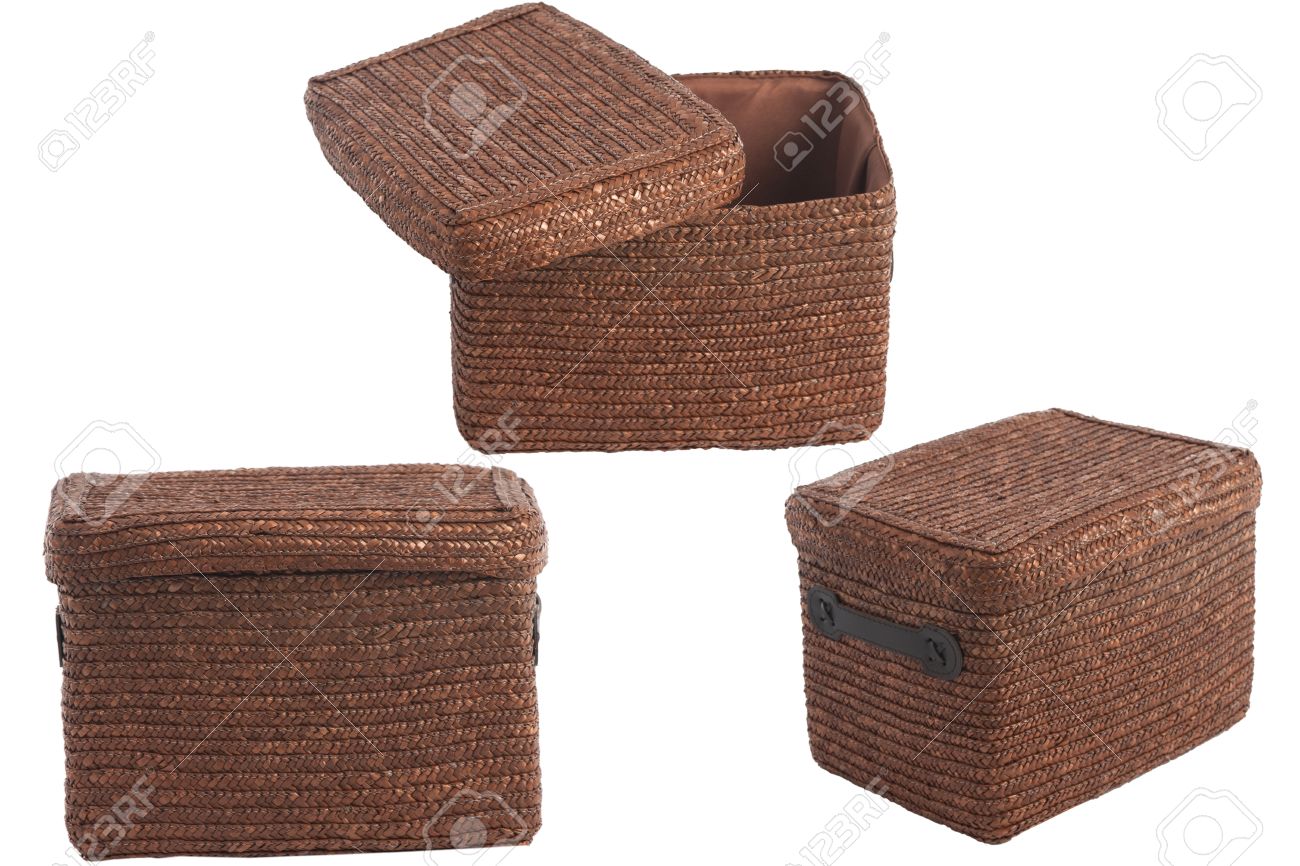 Stock Photo - decorative brown wicker basket with lid isolated on white