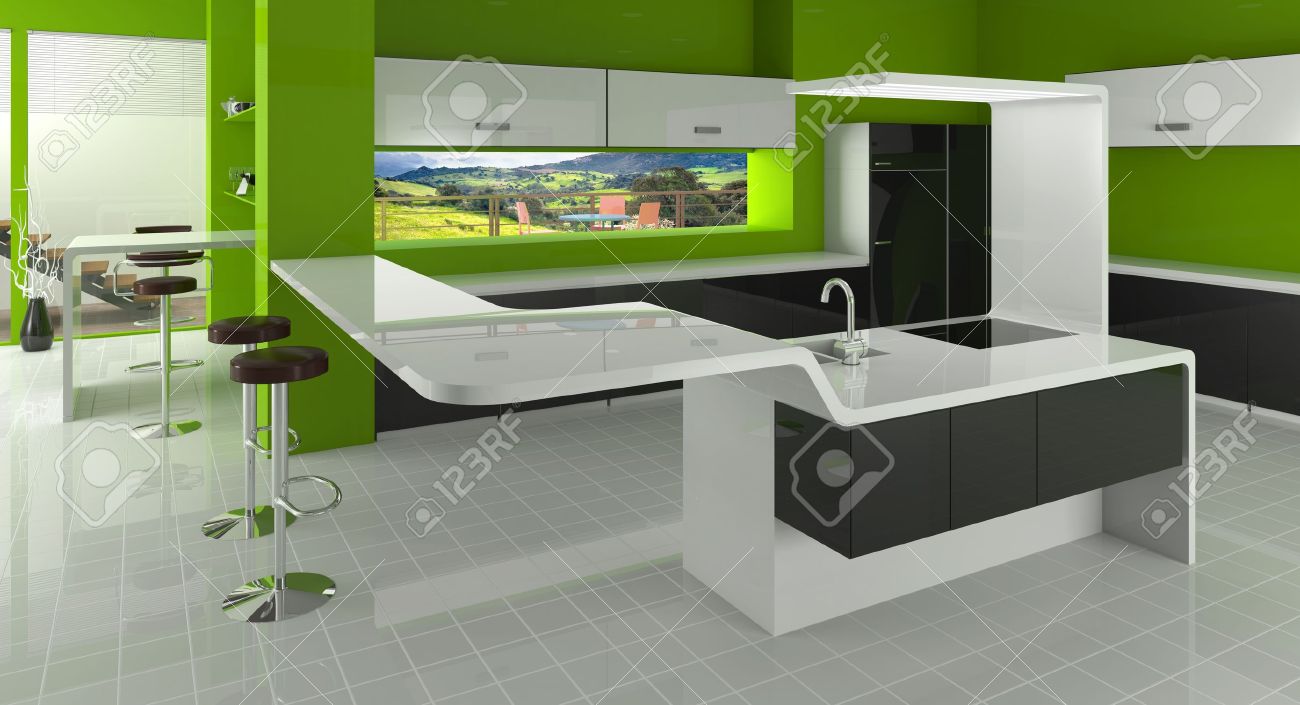 Cuisine moderne en vert, les couleurs noir et blanc banque d ...