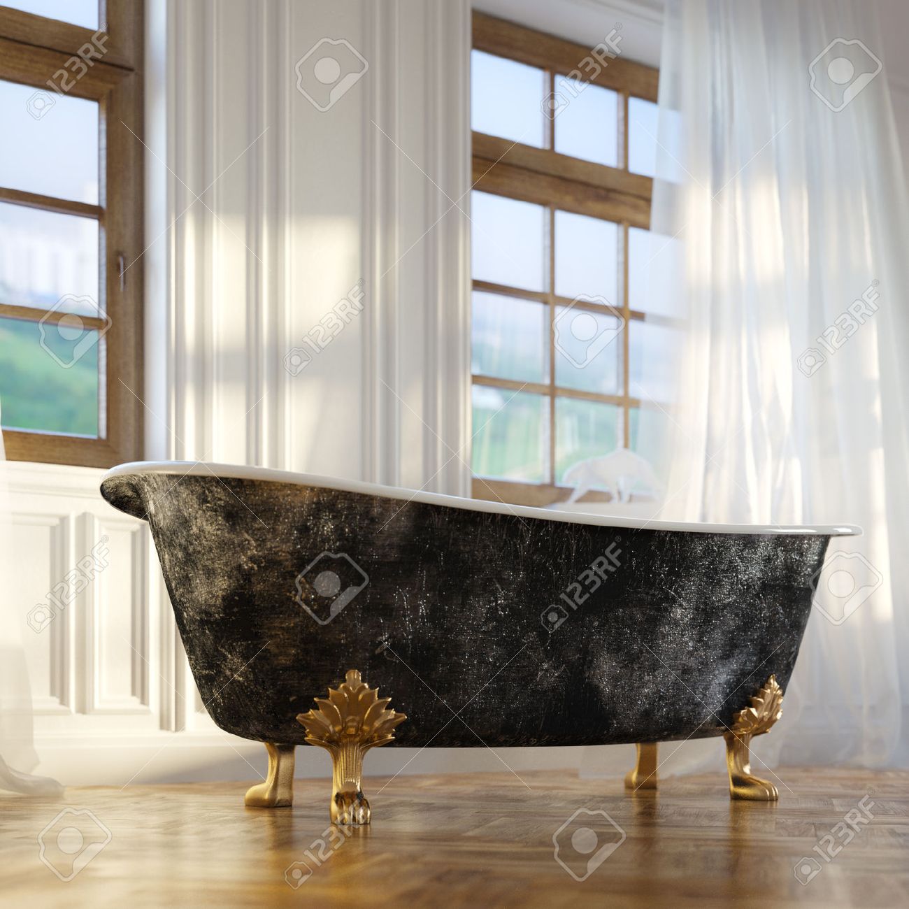 Lyx retro badkar i moderna room interior 2d version royalty fria ...
