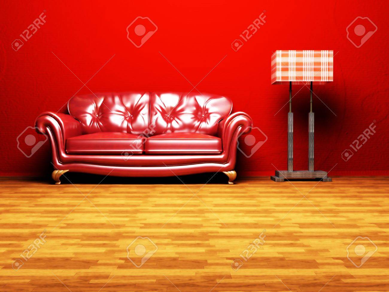Moderne interieur van een woonkamer met een mooie rode bank en een ...