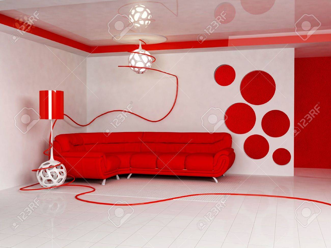 Modern interieur van woonkamer met een heldere rode bank en een ...