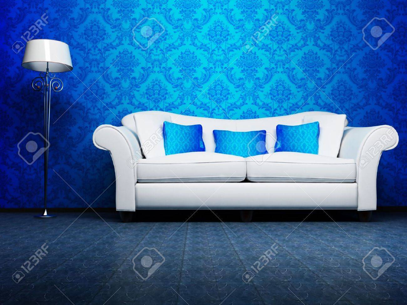 Modern inredning av vardagsrum med en blå soffa och en lampa ...