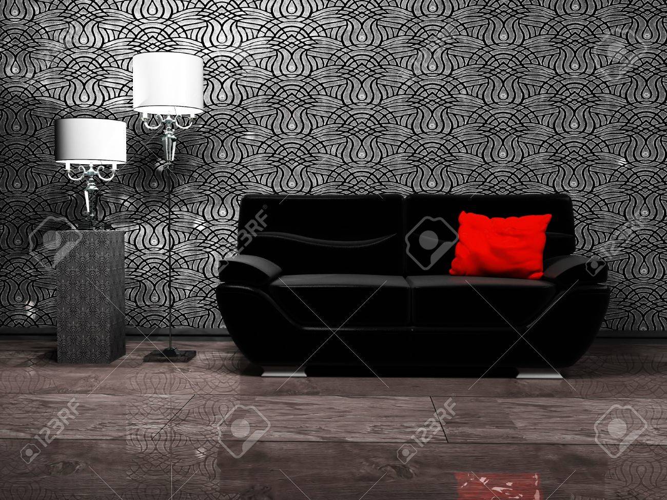 Modern interieur ontwerp met een bank en twee staande lampen ...