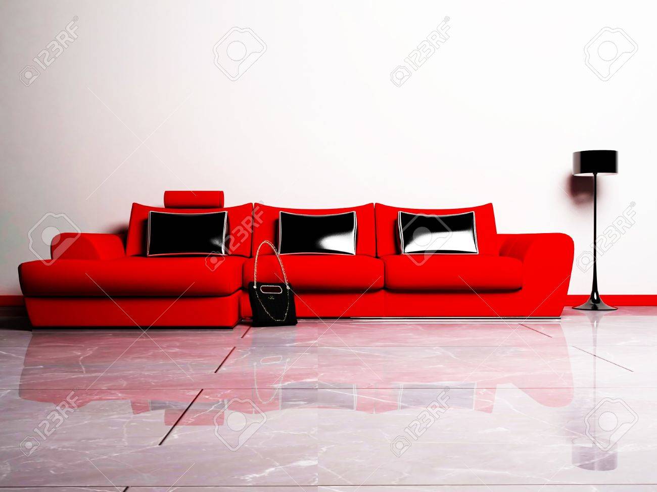 Moderne interieur van een woonkamer met een rode bank, een tas en ...
