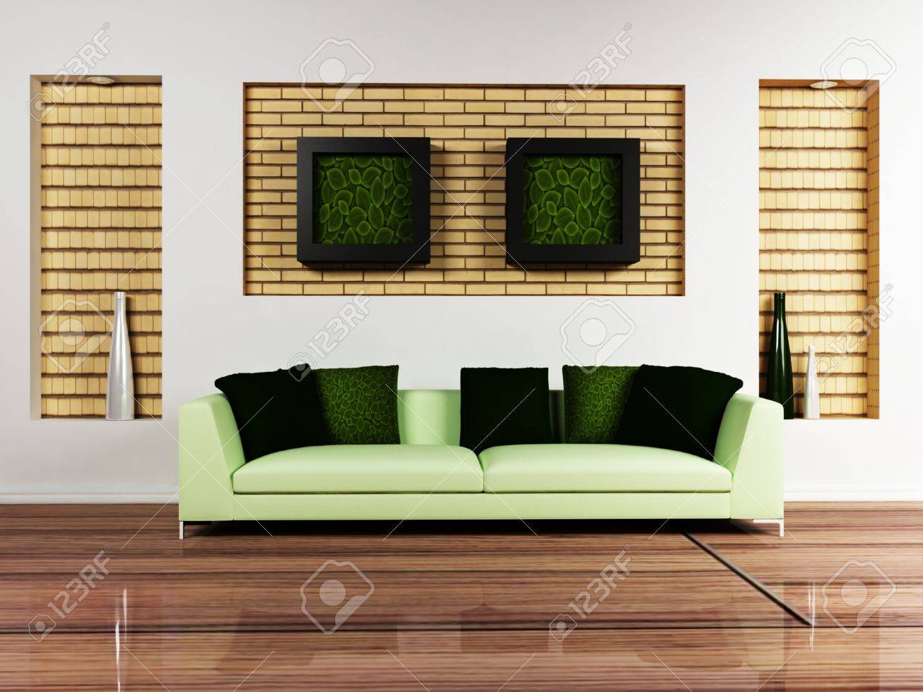 Modern interieur van een woonkamer met een mooie bank en de foto's ...