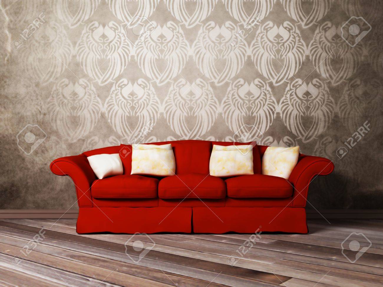 Moderne innenarchitektur aus einem wohnzimmer mit einem roten sofa ...