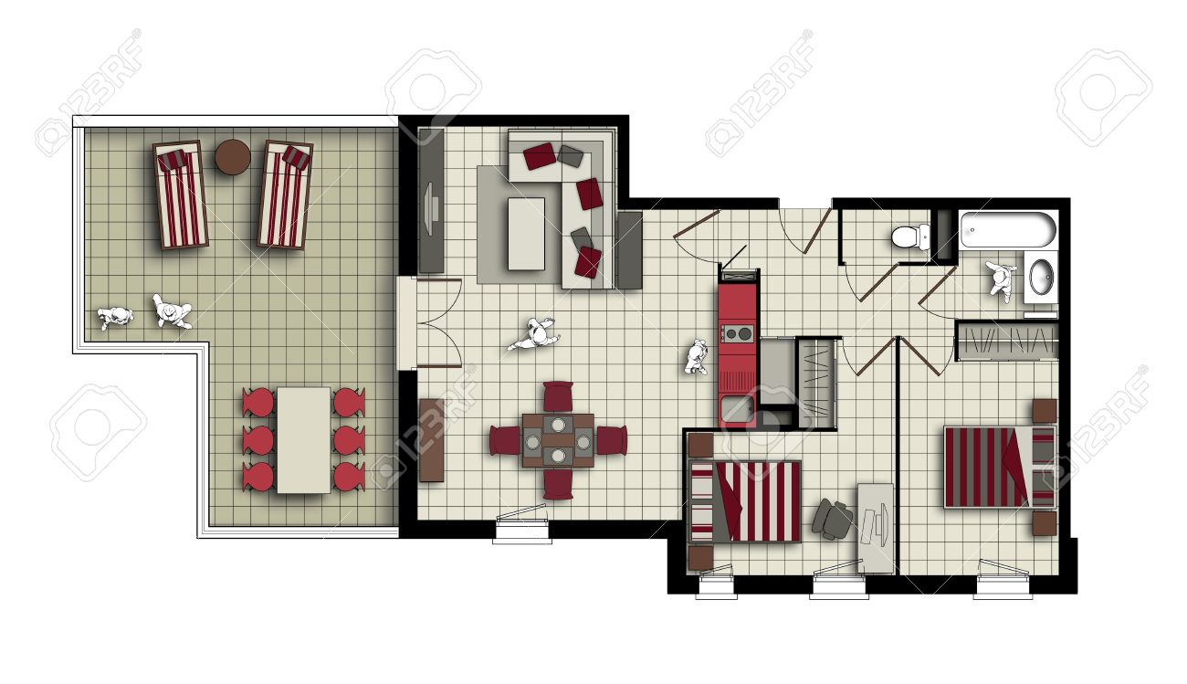 Bovenaanzicht van een interieur van drie kamer appartement met een ...