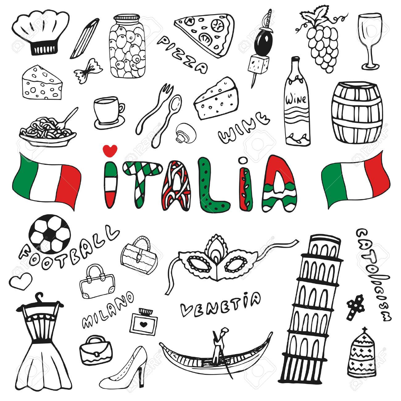 43643484 Doodle Hand Drawn Collection Of Italy Icons Italy Culture Elements For Design Vector Set Italia Lett St Italy Culture Travel Doodles How To Draw Hands