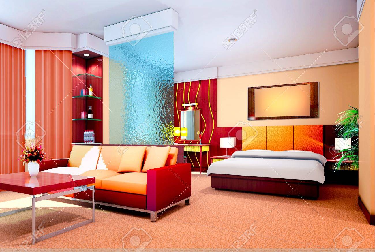 Design d'intérieur moderne de chambre à coucher et salon de rendu ...