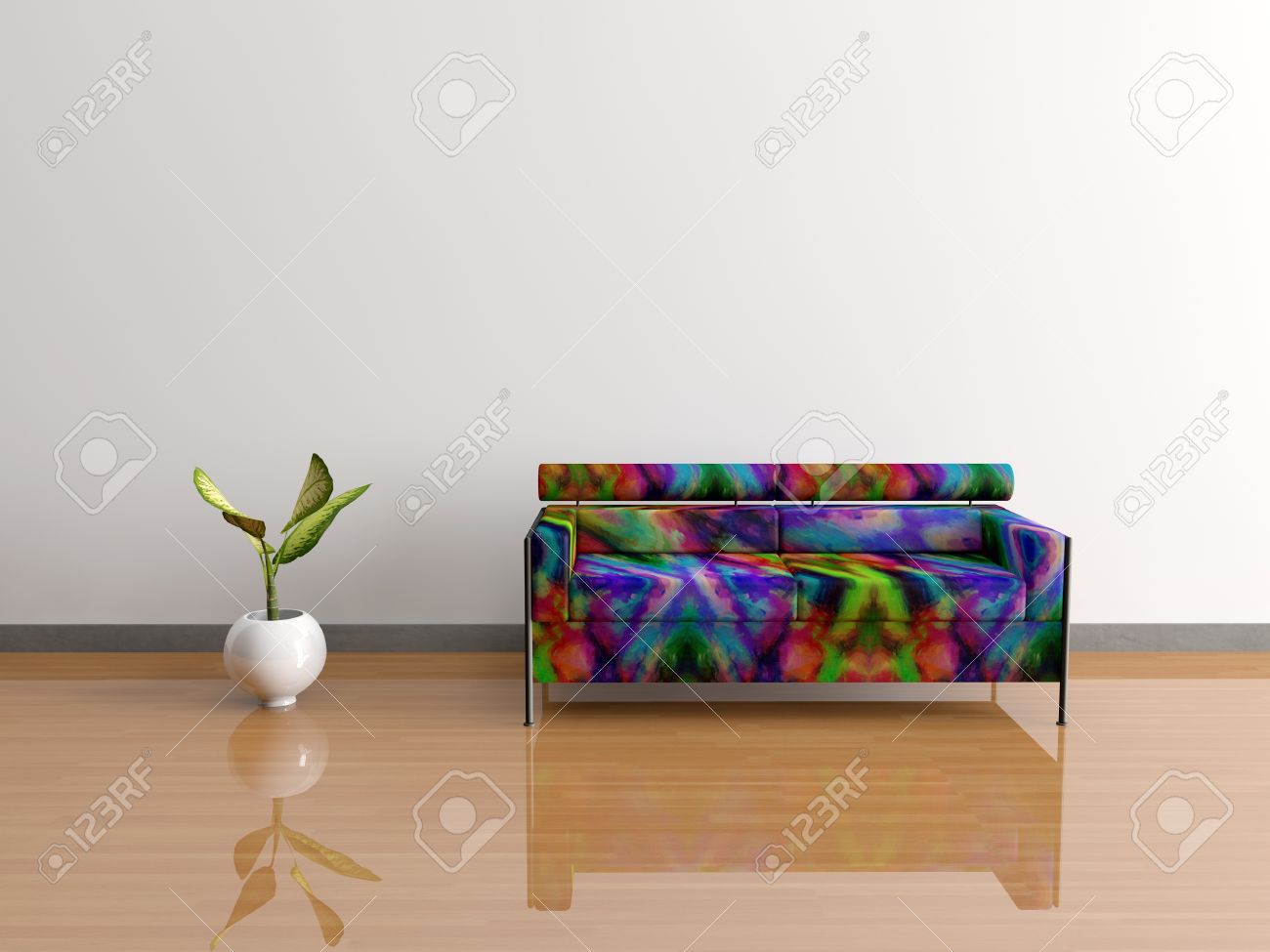 Minimalistische woonkamer met gekleurde stoel, een vaas met ...
