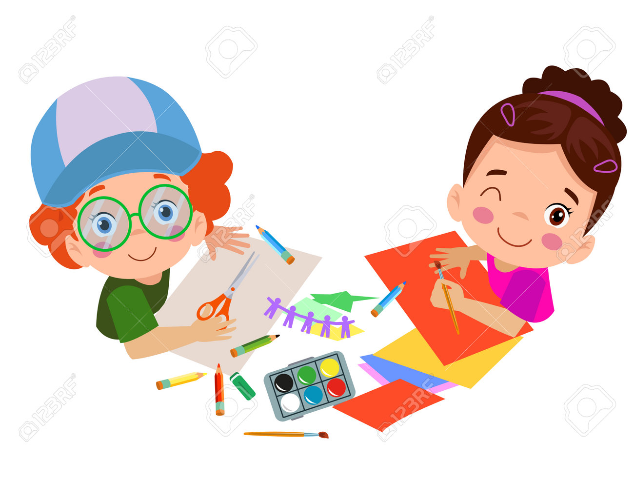 Kids Cutting Colored Paper With Scissors And Painting Royalty Free SVG,  Cliparts, Vectors, and Stock Illustration. Image 197608578., image size:1300x986