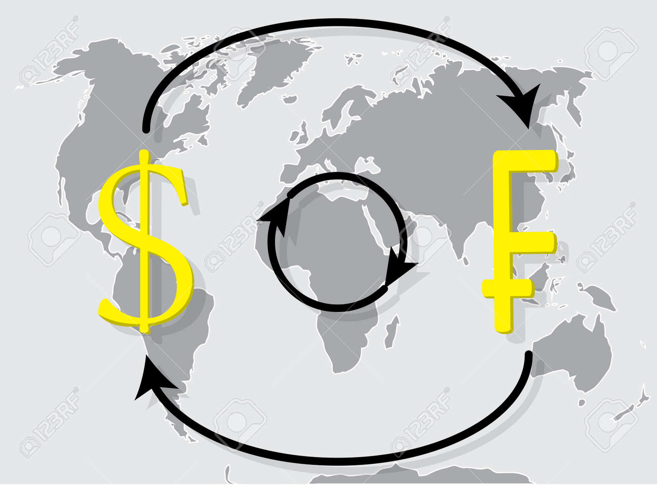Cambio De Moneda Franco De Dólares En El Mapa Del Mundo De Fondo Tipo De Cambio Y El Intercambio De Dinero Ilustración Vectorial Ilustraciones Vectoriales Clip Art Vectorizado Libre De Derechos Image