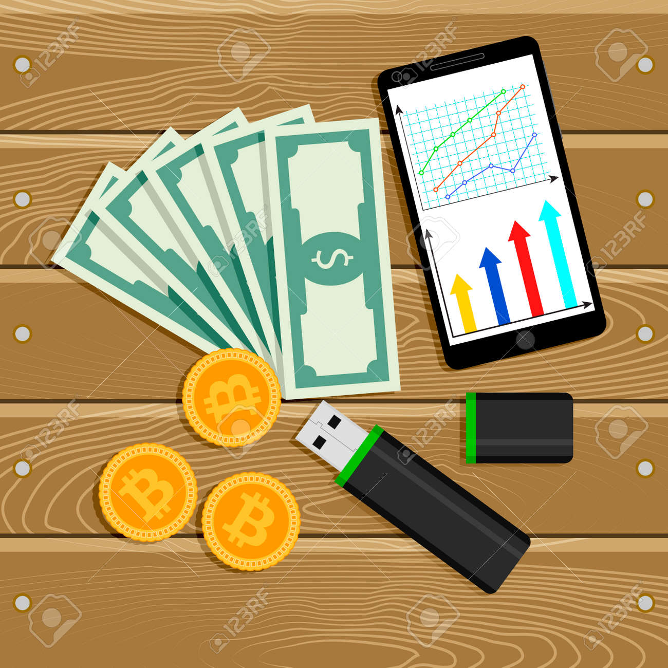 암호화 통화 판매 및 보관. 비트 코인 거래, 암호화 거래, 뱅킹 암호 화폐, 블록 체인 및 월렛 USB. 벡터 일러스트 레이 션  로열티 무료 사진, 그림, 이미지 그리고 스톡포토그래피. Image 95218328