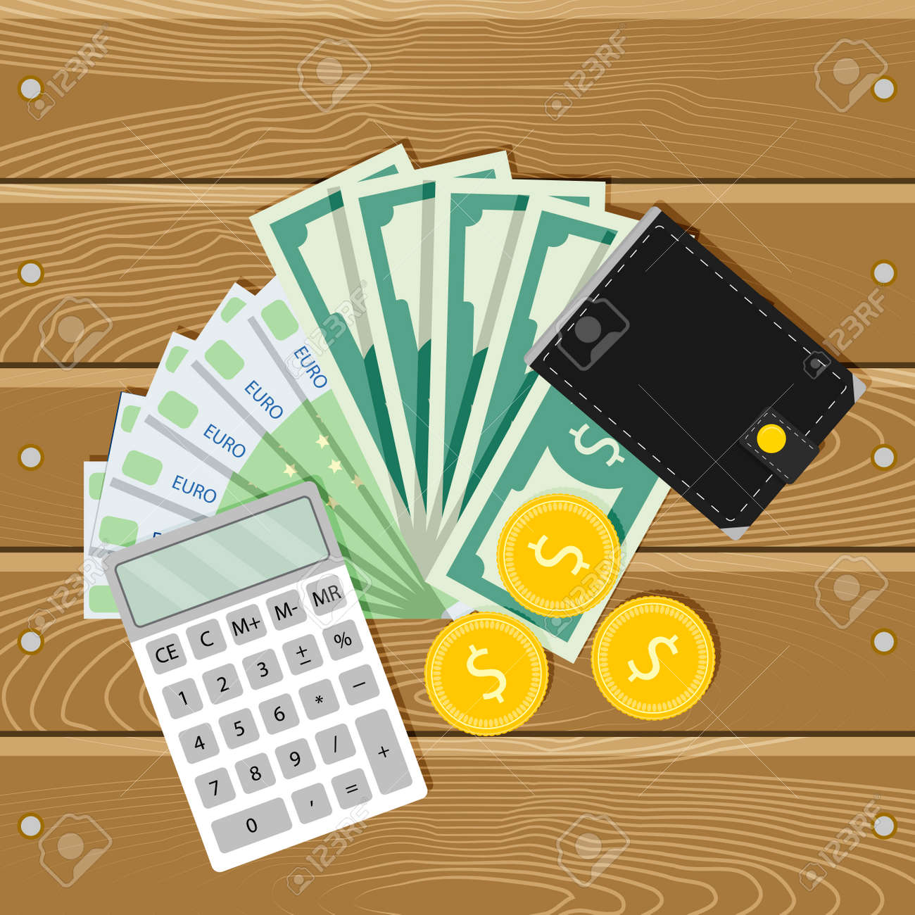 finance money banknote and coin wallet and calculator vector budget income calculator