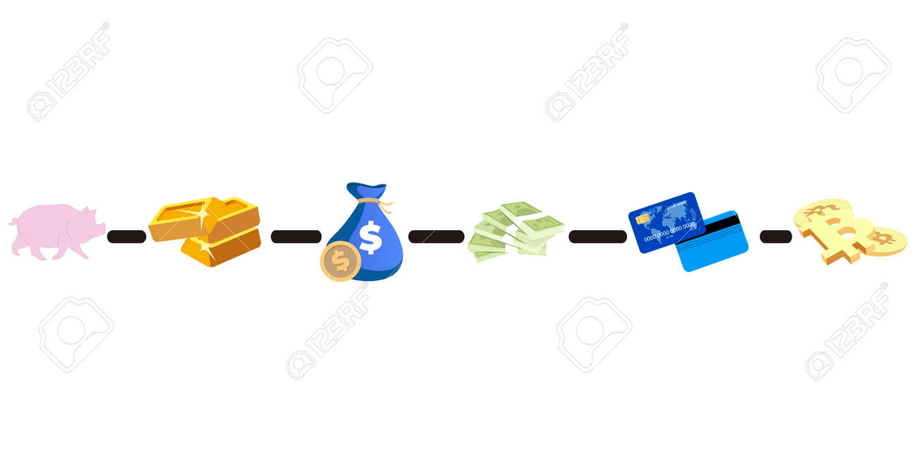 진화 화폐 현금 개발, 카드 및 비트코인으로의 교환, 벡터 진화 시퀀스 단계 진행 개발, 전자 암호 화폐 비트코인 및 달러, 물물 교환  그림의 역사 로열티 무료 사진, 그림, 이미지 그리고 스톡포토그래피. Image