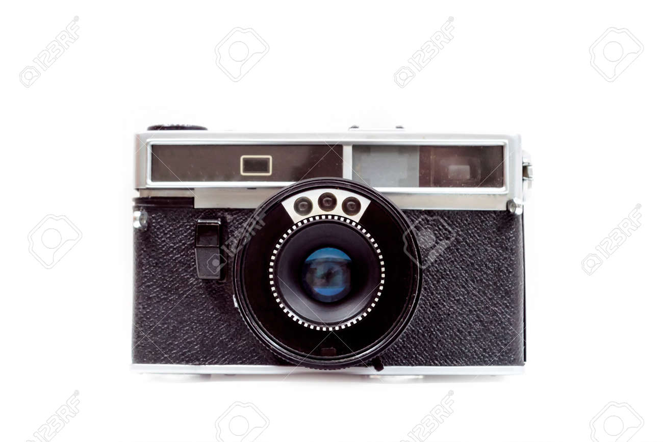 An old film camera on white background. Front view. Isolate. - 150233331 An old film camera on white background. Front view. Isolate. - 150233331