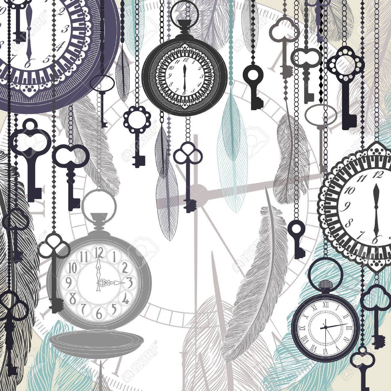 Vintage Vector Background With Pocket Watches And Feathers Royalty Free Cliparts Vectors And Stock Illustration Image