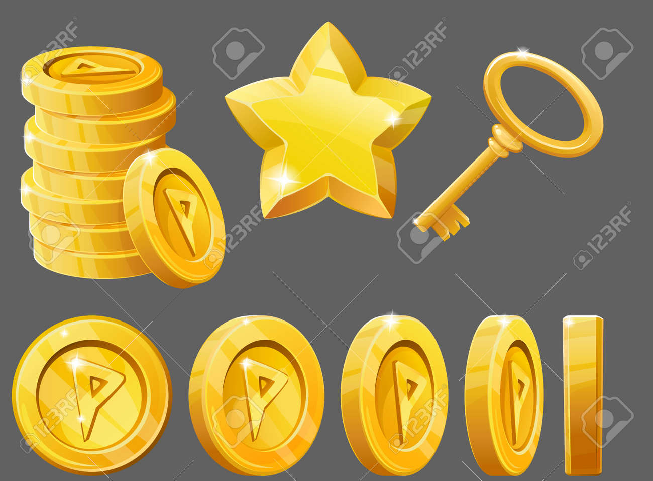ゴールドのアイテム、コイン、スターとキーのセット。ゲームのためのリソースのアイコン。ベクトルの図。のイラスト素材・ベクター Image 56517212