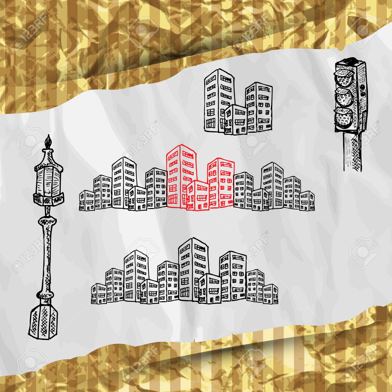 街並みスケッチを設定 3 層簡単編集可能なボーナス黄金箔はシームレスなパターンは あなたのデザインで使用することのイラスト素材 ベクタ Image