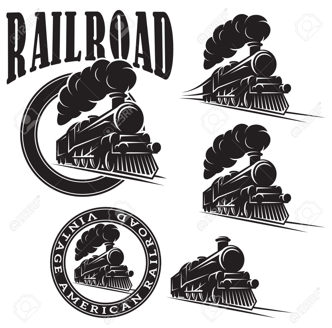 set of vector templates with a locomotive, vintage train - 54777068 set of vector templates with a locomotive, vintage train - 54777068