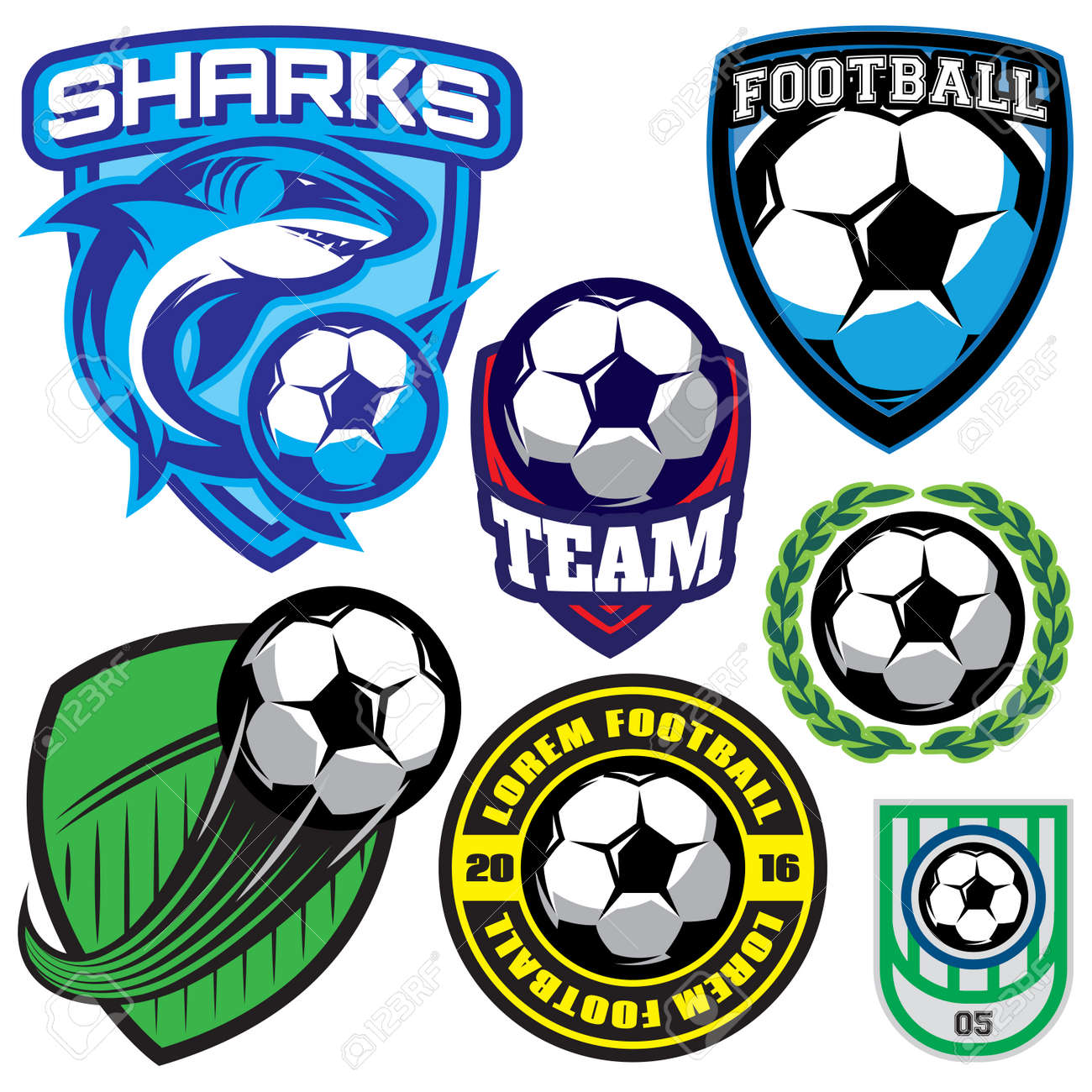 スポーツ サッカー ボール チーム カラーのベクトル図のサメとバッジのセット のイラスト素材 ベクタ Image