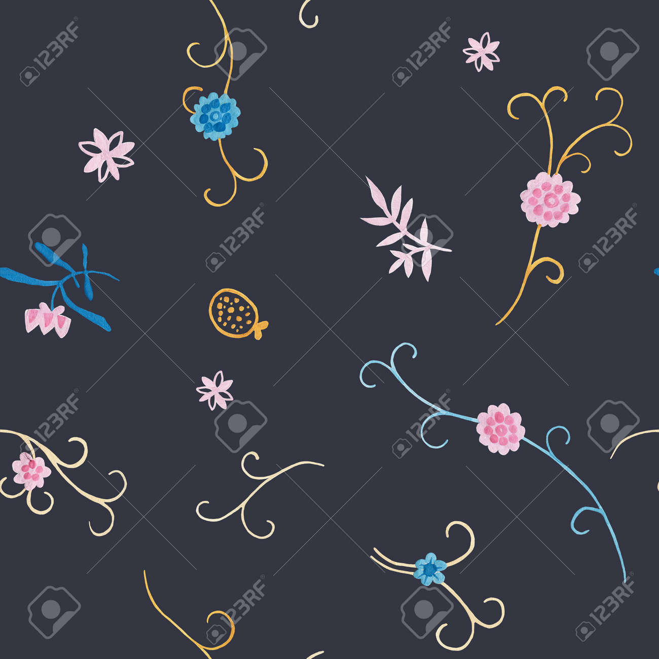 Evening blue pattern design. Wrapping gift paper flower decoration. Hand painted gouache elegant leaves and twigs. Elegance Middle Ages floral ornament. Floral seamless pattern for Mediterranean decor - 132394768 Evening blue pattern design. Wrapping gift paper flower decoration. Hand painted gouache elegant leaves and twigs. Elegance Middle Ages floral ornament. Floral seamless pattern for Mediterranean decor - 132394768