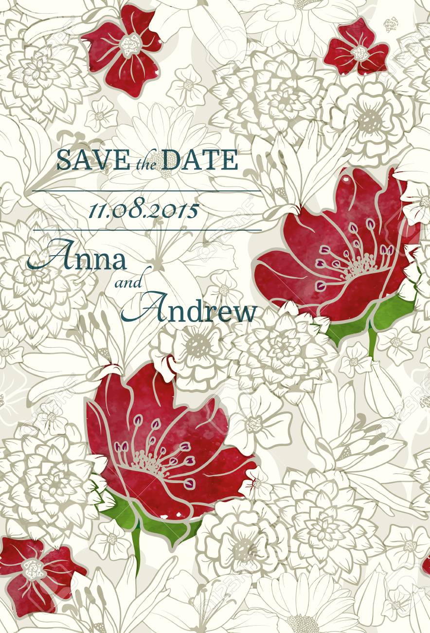 結婚式の招待状 モノクロの背景に赤の Watercolored 花と花柄 のイラスト素材 ベクタ Image