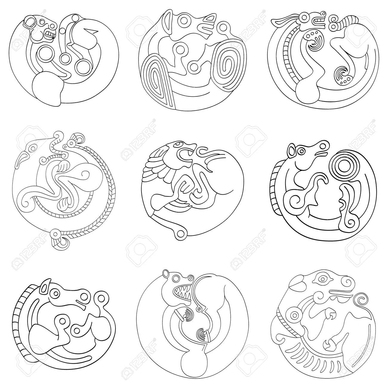 vector monochrome icon set with ancient Scythian art. Plaques with animal motifs for your project - 164287438 vector monochrome icon set with ancient Scythian art. Plaques with animal motifs for your project - 164287438