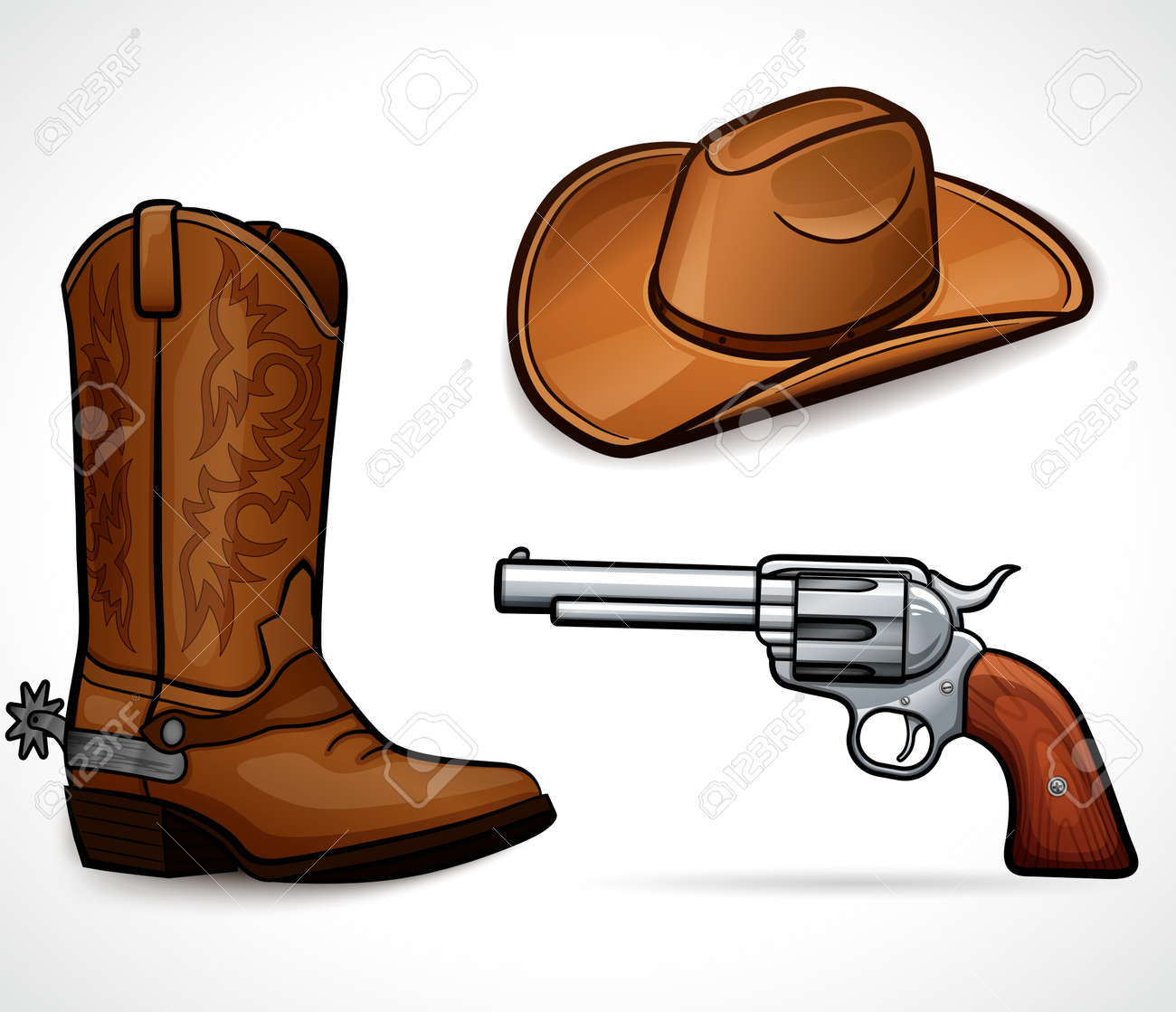 Iillustration Of Cowboy Hat, Boots And Revolver Royalty Free SVG, Cliparts,  Vectors, and Stock Illustration. Image 141751776., image size:1300x1119