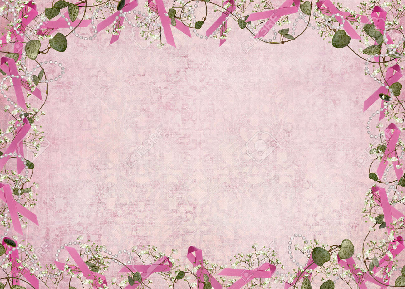 breast cancer pink ribbon with pearls and ivy border stock photo