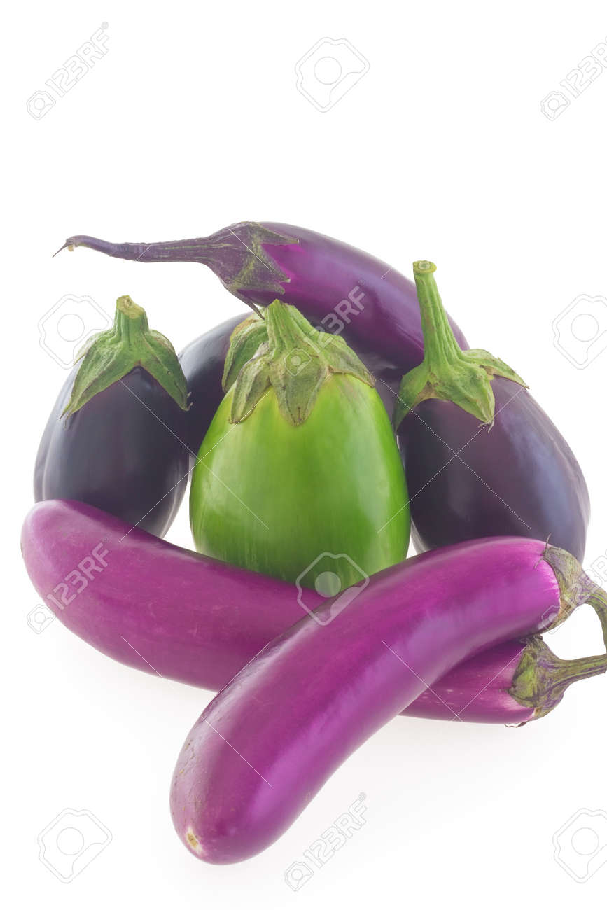 group of different shape and color eggplants aubergines isolated