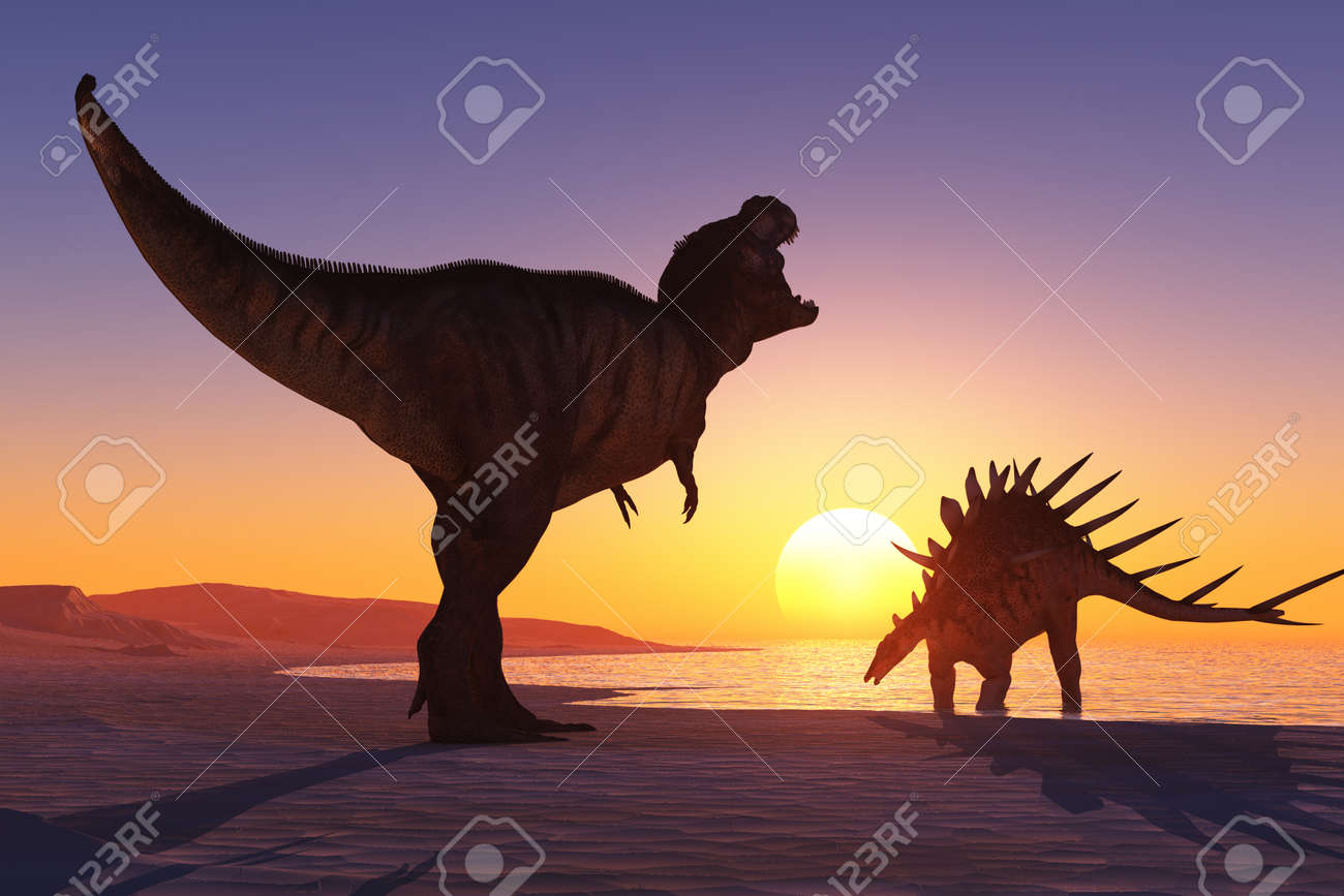 カラフルな空の背景に巨大な恐竜 の写真素材 画像素材 Image